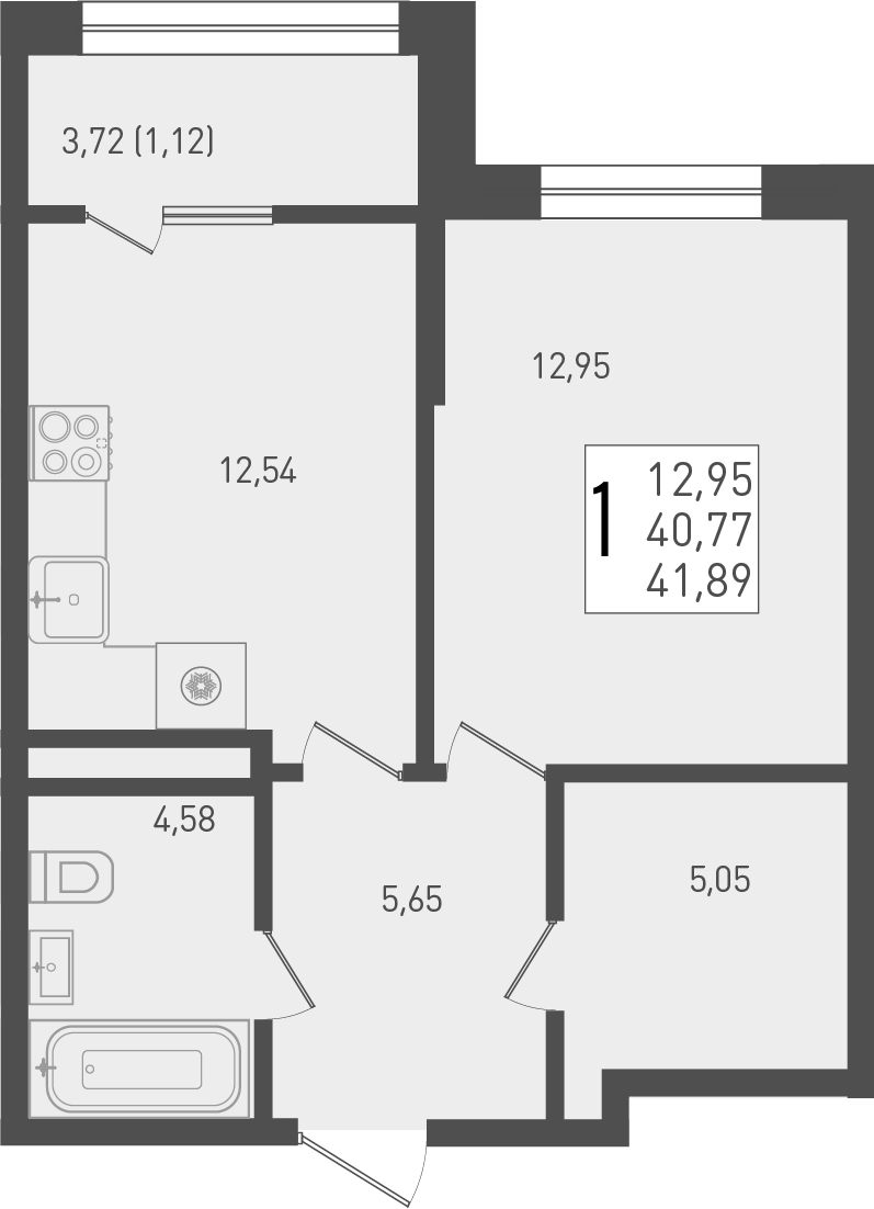 Планировка — Югге, 1-комн., 41 м²