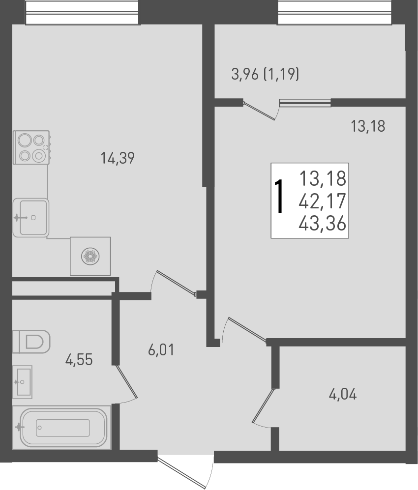 Планировка — Югге, 1-комн., 42 м²