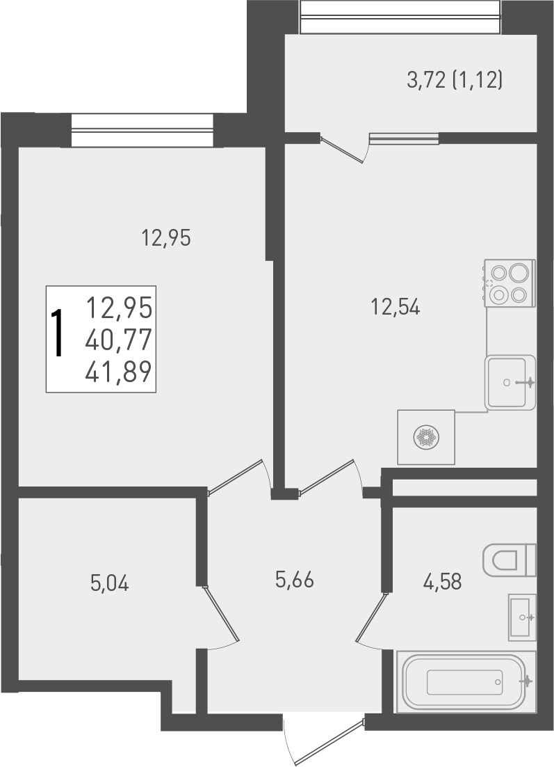 Планировка — Югге, 1-комн., 41 м²