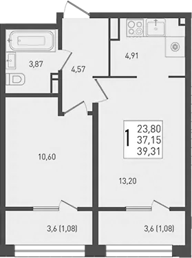 Планировка — Югге, 2-комн., 37 м²