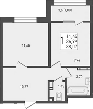 Планировка — Югге, 1-комн., 37 м²