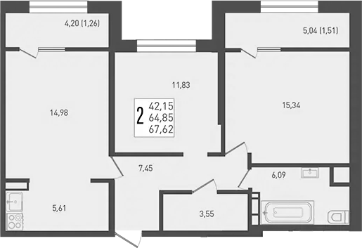 Планировка — Югге, 3-комн., 65 м²