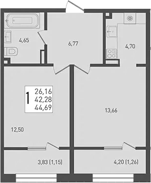 Планировка — Югге, 2-комн., 42 м²