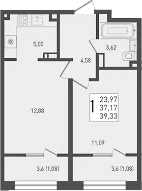 Планировка — Югге, 2-комн., 37 м²
