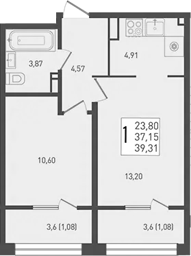 Планировка — Югге, 2-комн., 37 м²