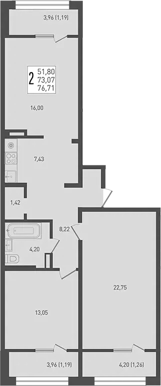 Планировка — Югге, 3-комн., 73 м²