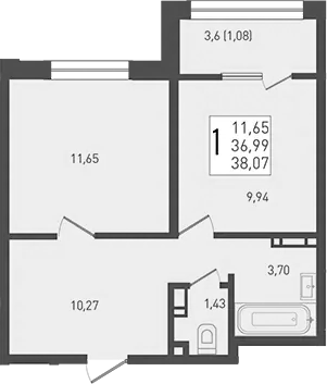Планировка — Югге, 1-комн., 37 м²