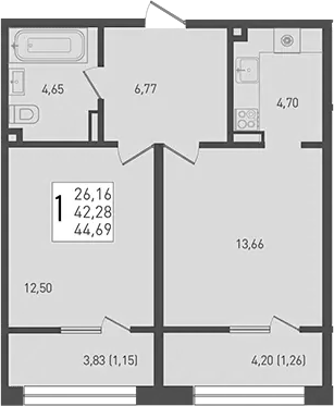 Планировка — Югге, 2-комн., 42 м²