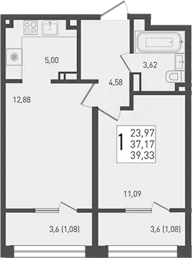 Планировка — Югге, 2-комн., 37 м²