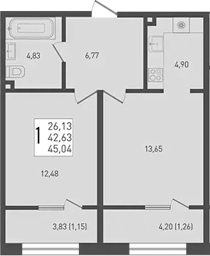 Планировка — Югге, 2-комн., 43 м²