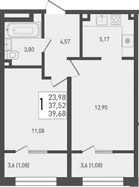 Планировка — Югге, 2-комн., 38 м²