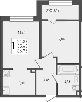 Планировка — Югге, 2-комн., 36 м²