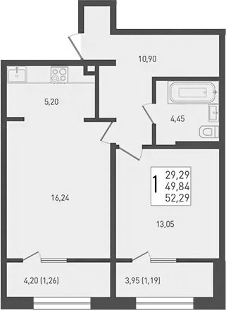 Планировка — Югге, 2-комн., 50 м²