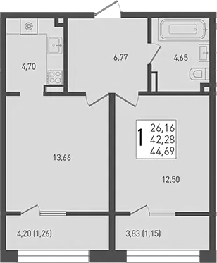Планировка — Югге, 2-комн., 42 м²