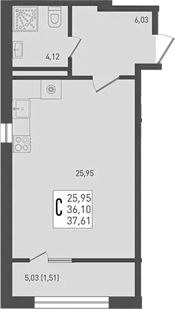 Планировка — Югге, Студия, 36 м²