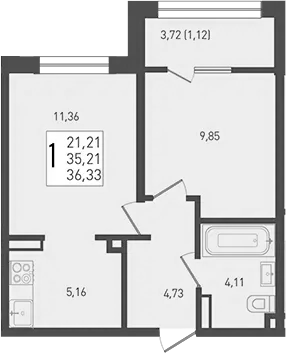 Планировка — Югге, 2-комн., 35 м²