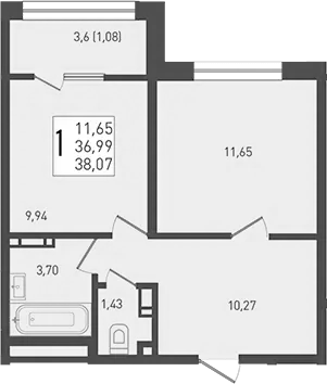 Планировка — Югге, 1-комн., 37 м²