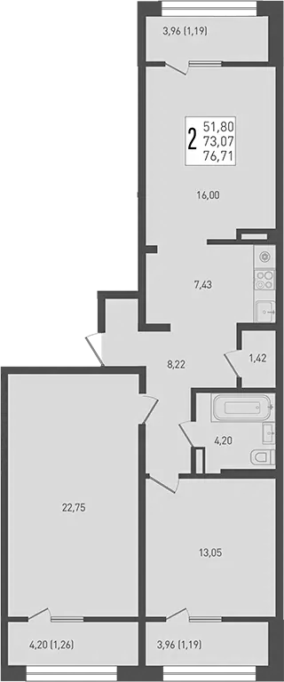 Планировка — Югге, 3-комн., 73 м²