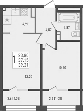 Планировка — Югге, 2-комн., 37 м²