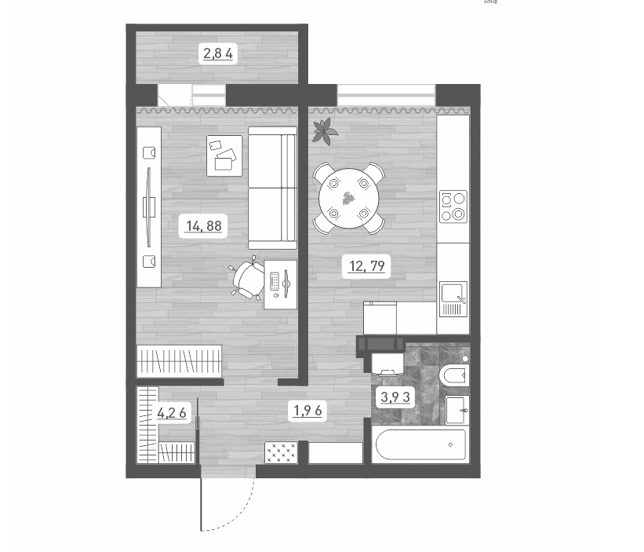 Планировка — Радуга Сибири, 1-комн., 38 м²