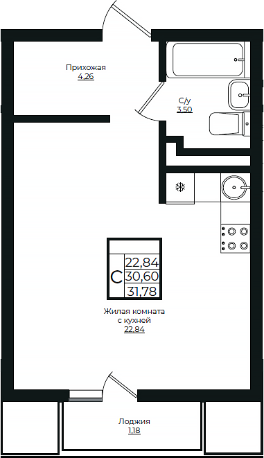Планировка — Европа-Сити, Студия, 31 м²