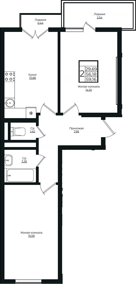Планировка — Европа-Сити, 2-комн., 56 м²