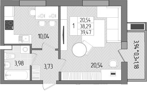 Планировка — Сады у моря, 1-комн., 38 м²