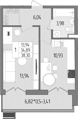 Планировка — Сады у моря, 1-комн., 35 м²