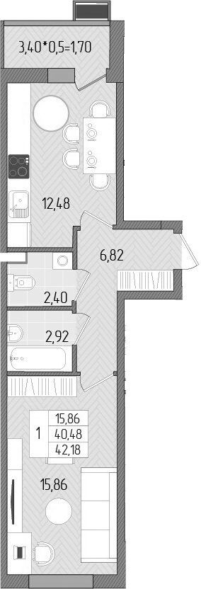 Планировка — Сады у моря, 1-комн., 40 м²