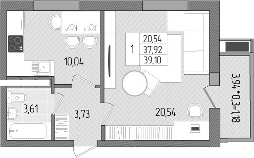 Планировка — Сады у моря, 1-комн., 38 м²