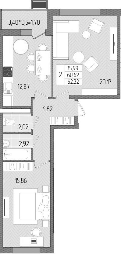 Планировка — Сады у моря, 2-комн., 61 м²