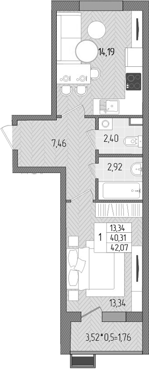 Планировка — Сады у моря, 1-комн., 40 м²