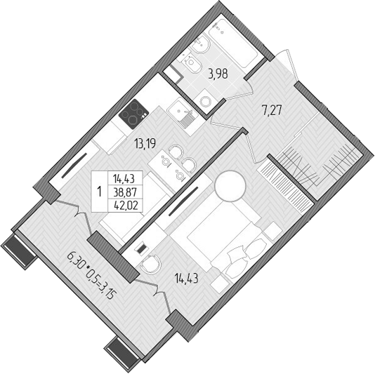 Планировка — Сады у моря, 1-комн., 39 м²