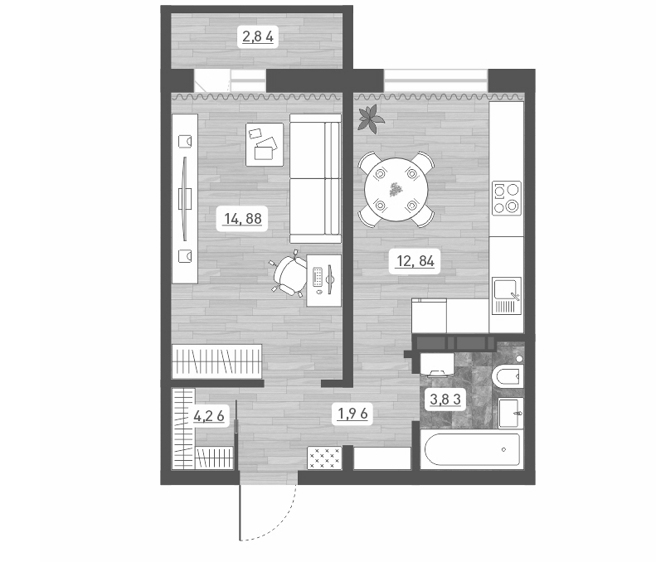 Планировка — Радуга Сибири, 1-комн., 38 м²