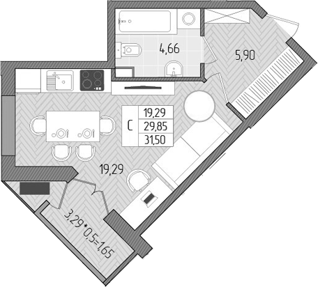 Планировка — Сады у моря, Студия, 30 м²
