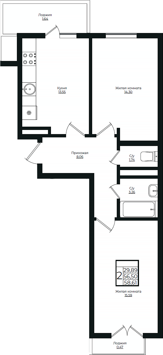 Планировка — Европа-Сити, 2-комн., 57 м²