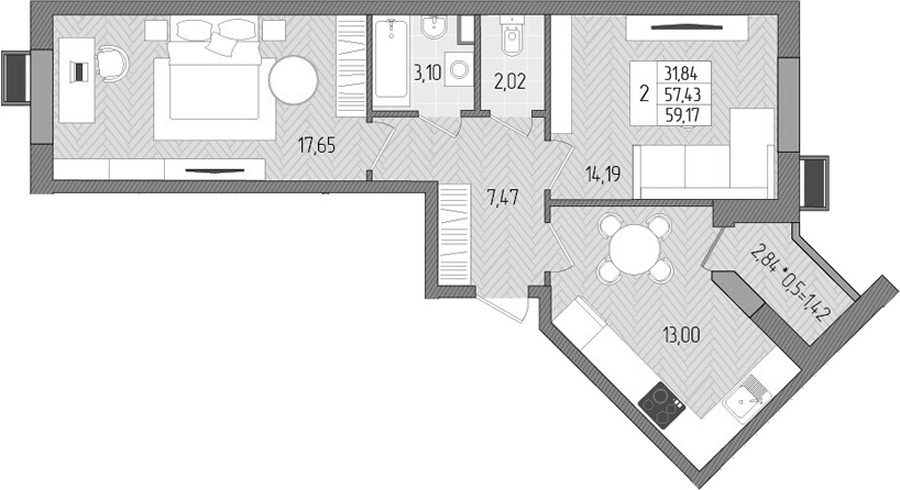 Планировка — Сады у моря, 2-комн., 58 м²