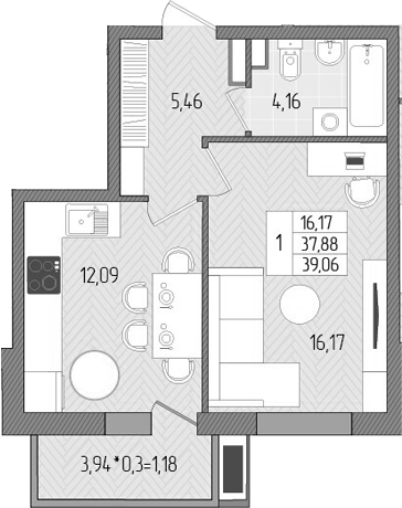 Планировка — Сады у моря, 1-комн., 38 м²