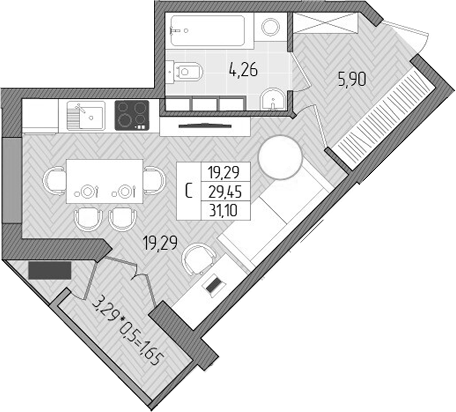 Планировка — Сады у моря, Студия, 29 м²
