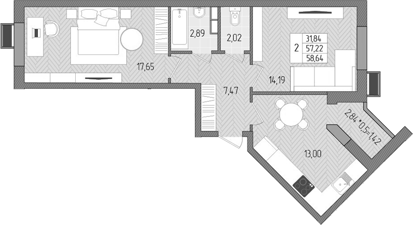 Планировка — Сады у моря, 2-комн., 57 м²