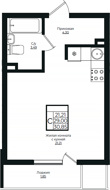 Планировка — Европа-Сити, Студия, 30 м²