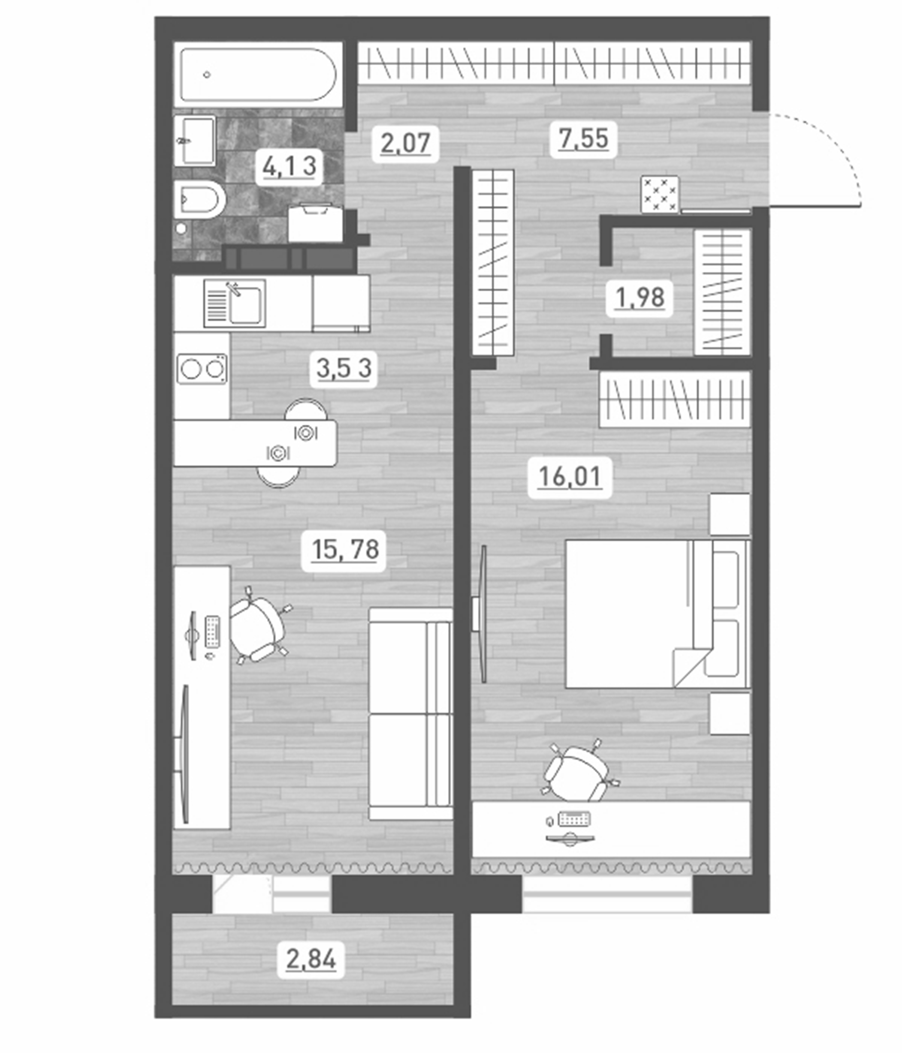 Планировка — Радуга Сибири, 2-комн., 51 м²