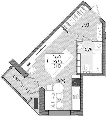 Планировка — Сады у моря, Студия, 29 м²