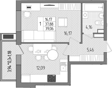 Планировка — Сады у моря, 1-комн., 38 м²