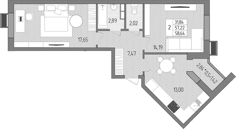 Планировка — Сады у моря, 2-комн., 57 м²