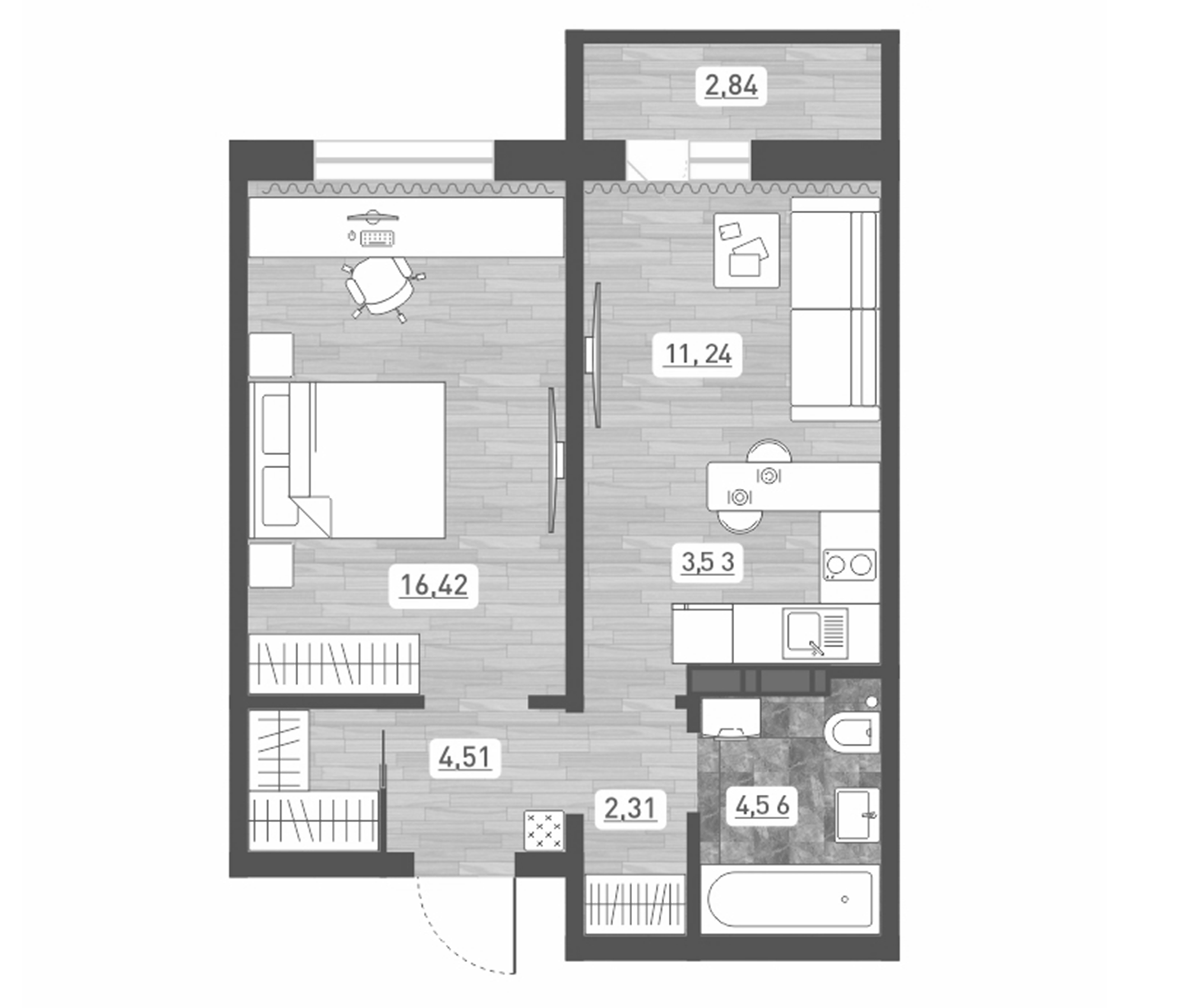 Планировка — Радуга Сибири, 2-комн., 43 м²