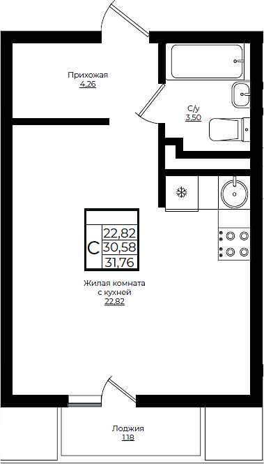 Планировка — Европа-Сити, Студия, 31 м²