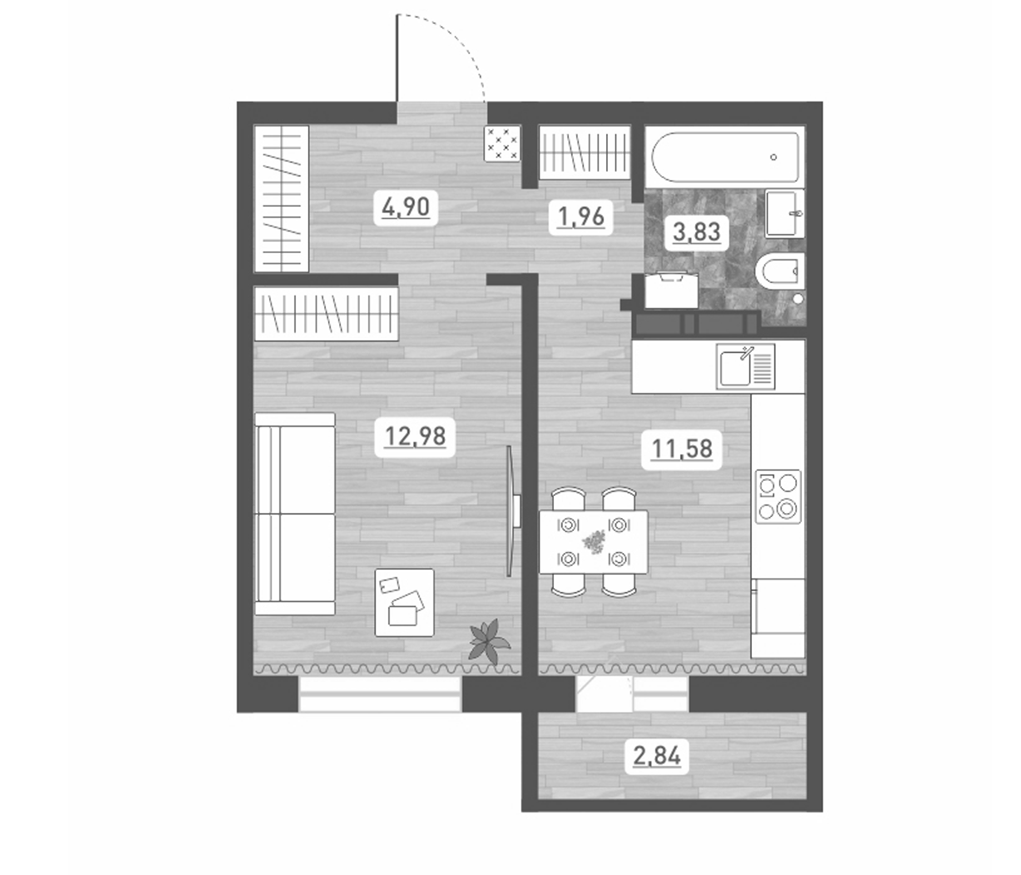 Планировка — Радуга Сибири, 1-комн., 35 м²