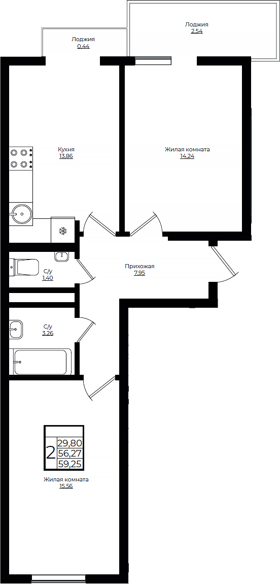 Планировка — Европа-Сити, 2-комн., 56 м²