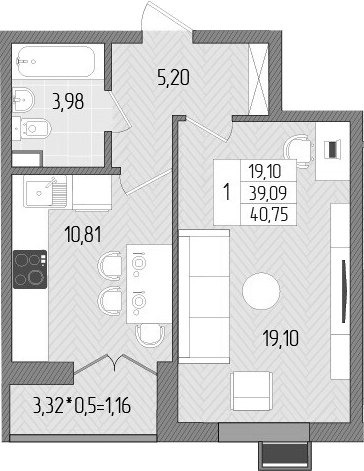 Планировка — Сады у моря, 1-комн., 39 м²